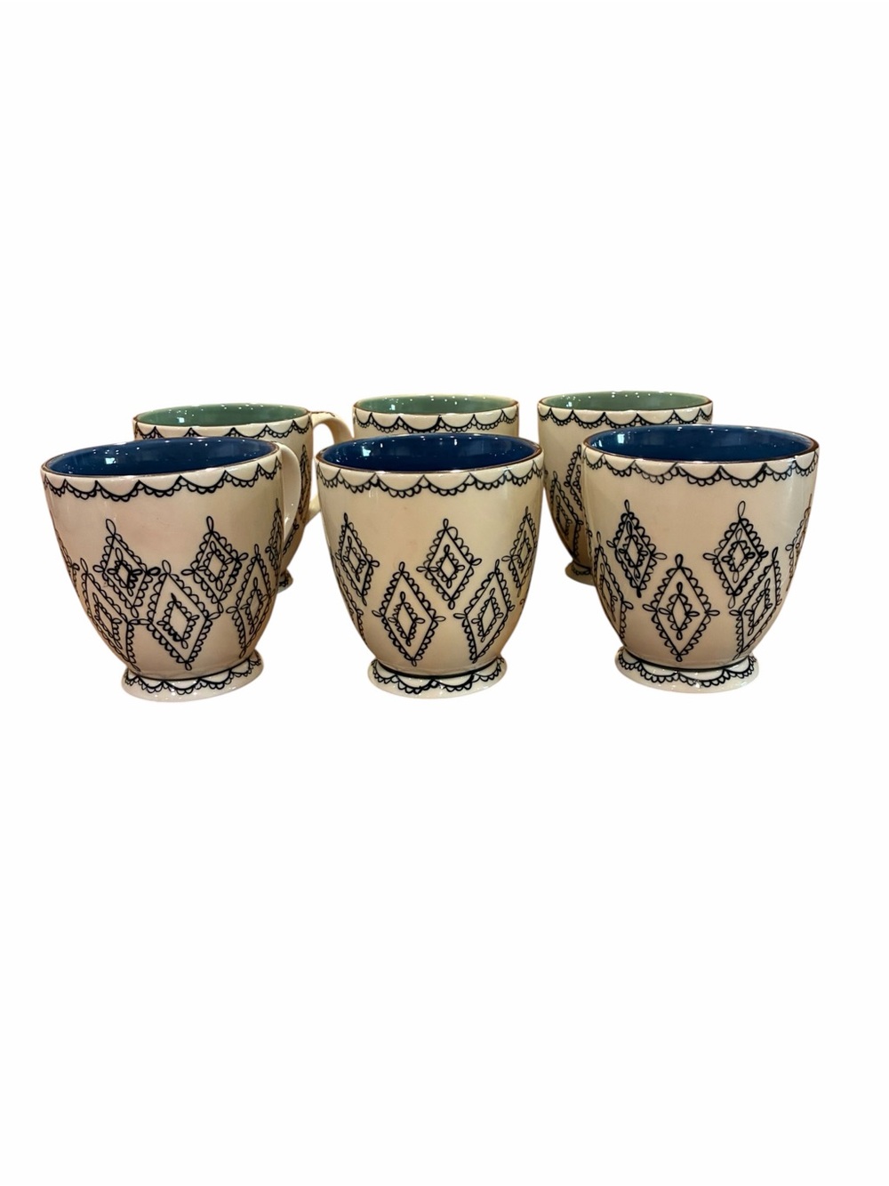 Set of 6 Starbucks Barista Mugs Black Lace Diamond Pattern 3 Blue inside 3 green